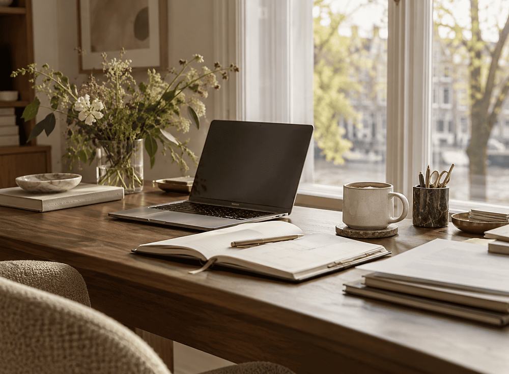 Werkplek met agenda, laptop en koffie